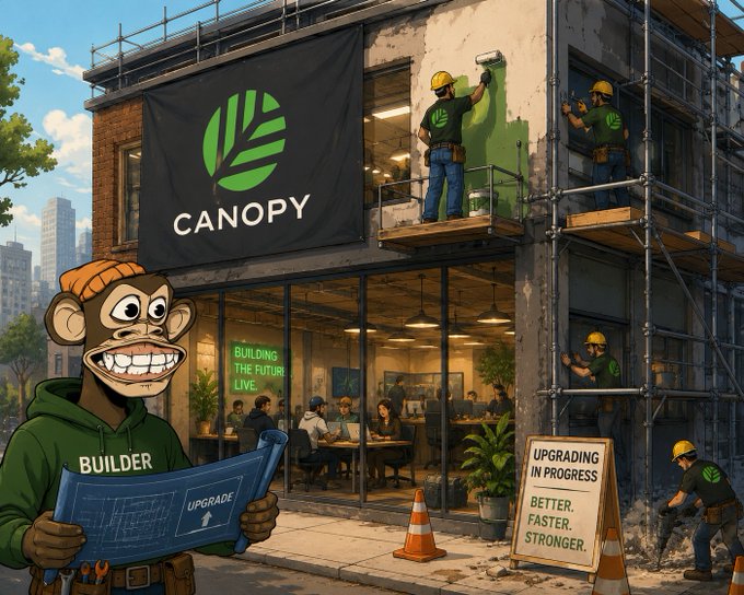 An illustration shows construction workers in green "CANOPY" shirts renovating a building labeled "BUILDING THE FUTURE LIVE," while a cartoon monkey wearing a "BUILDER" hoodie holds blueprints for an "UPGRADE," next to a sign reading "UPGRADING IN PROGRESS. BETTER. FASTER. STRONGER."