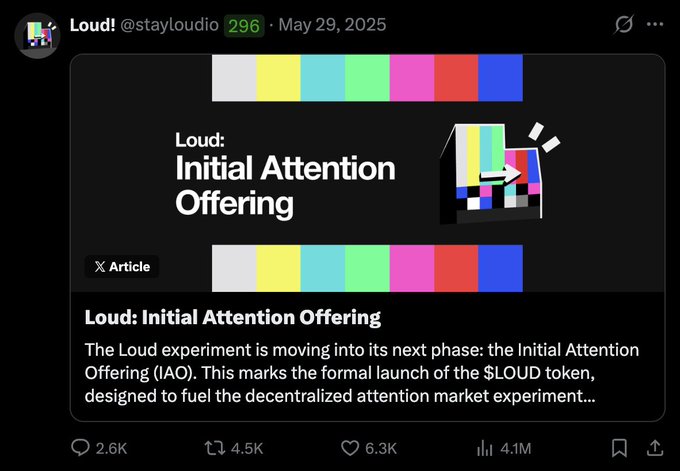 A screenshot of an X post by Loud! (@stayloudio, 296 followers) from May 29, 2025, announcing the "Initial Attention Offering" and the formal launch of the $LOUD token for a decentralized attention market experiment, with the post showing 2.6K comments, 4.5K reposts, 6.3K likes, and 4.1M views. The "who remembers this?" caption suggests a nostalgic reference to the $LOUD token announcement and its early-stage hype metrics.