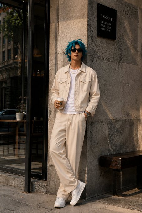 A stylish person with bright blue hair and sunglasses stands outside a 'TIS COFFEE' shop holding a takeaway coffee cup, dressed in an all-cream denim jacket, white tee, loose pants, and white sneakers.