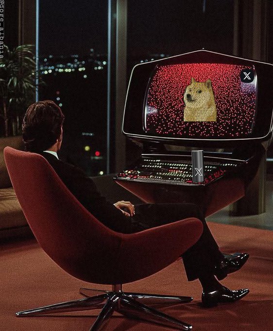 A man in a suit sits in a red chair facing a large retro-style computer monitor displaying a pixelated Doge image, with a city skyline visible through the window at night.