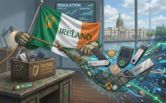 An illustration titled 'Ireland' showing gloved hands using an Irish flag as a net to catch various crypto hardware wallets (Trezor, Ledger, KeepKey) and coins, with a box labeled 'Irish Crypto Holdings' and a background featuring a regulation/adoption chart and a cityscape.