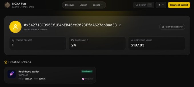 The image displays a NOXA Fun profile page for wallet address "0x542718C390Ef1E4bEB46ce2023F1aA627db8aa33," showing it has 1 token created (Robinhood Wallet/WALLET), holds 24 tokens, and has a portfolio value of $197.83. The Graduated status of the created Robinhood Wallet token ties into the post's discussion of the $WALLET token deployed by a wallet linked to Vlad Tenev.