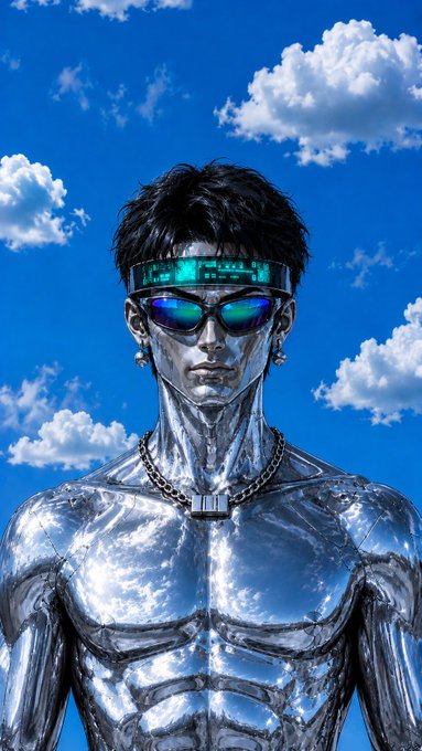 A futuristic silver cyborg-like male figure with reflective sunglasses and a chain necklace stands against a bright blue sky with white clouds.