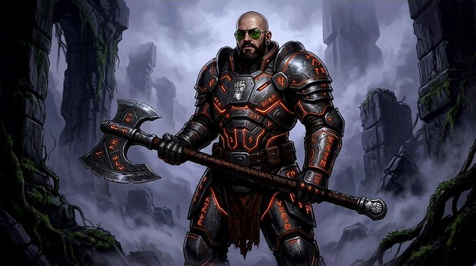 A digital illustration of a bald, bearded warrior wearing sunglasses and ornate dark armor with glowing orange runes, wielding a large double-bladed battle axe in a misty, ruined landscape.