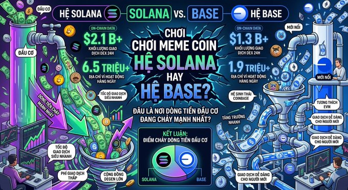 Vietnamese-language infographic comparing 'Hệ Solana vs Hệ Base' meme coin ecosystems, highlighting Solana's $2.1B market cap vs Base's $1.3B+ and their respective advantages.