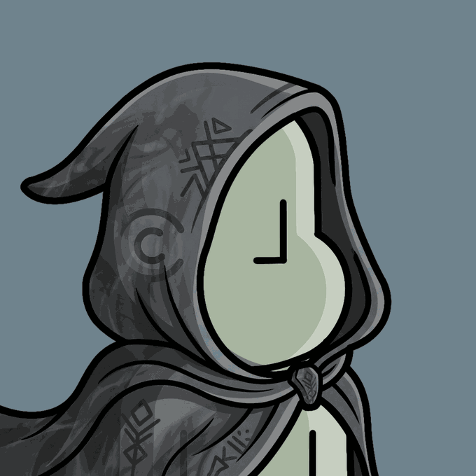 Stylized digital illustration of a hooded figure with a clock face instead of a head, covered in mysterious runes, against a blue-gray background.