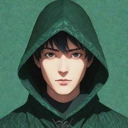 An anime-style portrait of a young man with dark hair wearing a green hooded cloak against a green textured background.