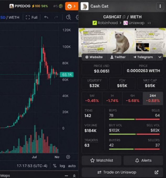 The image shows a side-by-side screenshot featuring Bitcoin's price chart (BTC/WETH at $65.1K) on the left and details for a meme token "CASHCAT" on Robinhood/Uniswap, priced at $0.0651 with $32K liquidity and 142 transactions. This relates to the post as the user is promoting a giveaway where they appear to be showcasing a meme coin ($CASHCAT) to attract engagement and gain followers, likely targeting crypto traders interested in new listings.