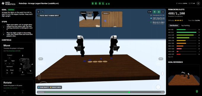 A screenshot of an Axie Robotics robotics simulation interface showing two robotic arms on a wooden platform attempting to arrange coins by numerical value, with a score of 488/1,200 and various control instructions visible.