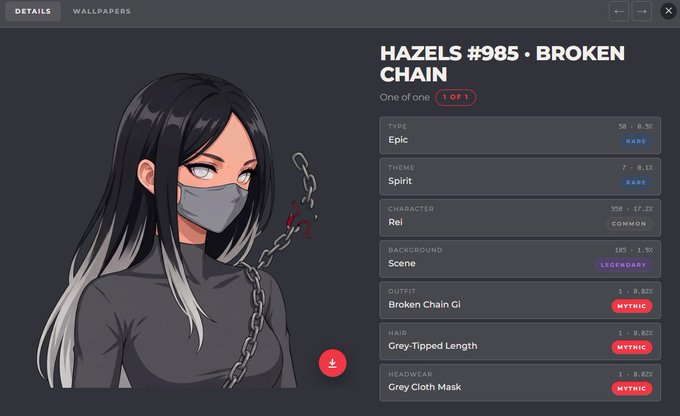 The image shows a digital collectible item detail page titled "HAZELS #985 · BROKEN CHAIN" featuring an anime-style character with black and grey hair, a grey face mask, and broken chains with red blood accents. The item has attributes listed including Epic/Sage rarity, Spirit theme, Rei character, Broken Chain Gi outfit, and Grey Cloth Mask headwear, with a "1 OF 1" badge indicating its uniqueness—illustrating the type of NFT the post references as serving as an access layer beyond a simple profile picture.