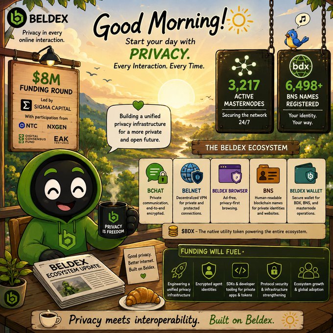 A promotional infographic for 'BELDEX' advertising 'Good Morning! Start your day with PRIVACY. Every Interaction. Every Time,' featuring an $8M funding round led by SIGMA CAPITAL, 3,217 active masternodes, 6,498+ BNS names registered, and various ecosystem products like BChat, BelNet, Beldex Browser, BNS, and Beldex Wallet.