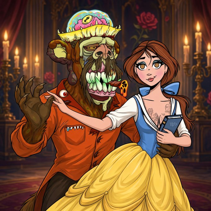 A stylized illustration shows a zombie-like creature in an orange shirt with a brain and donut on its head, posing with a woman in a Snow White-inspired blue and yellow dress holding a phone with a butterfly logo.