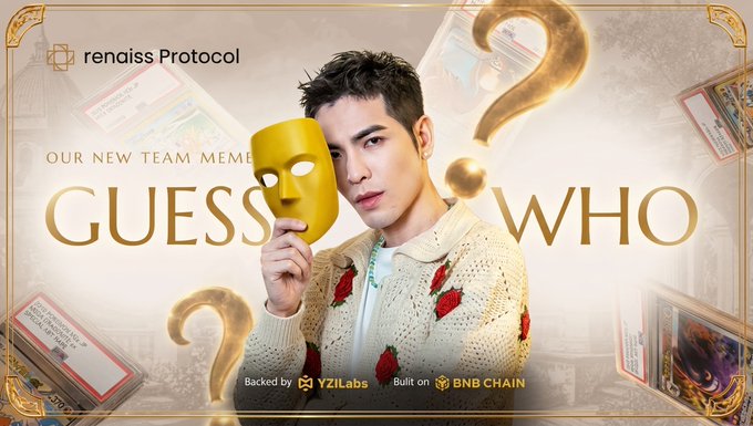 Promotional graphic for 'renaiss Protocol' announcing a 'GUESS WHO' new team member reveal, featuring a young man holding a yellow theatrical mask, with text indicating it's 'Backed by YZiLabs' and 'Built on BNB CHAIN'.