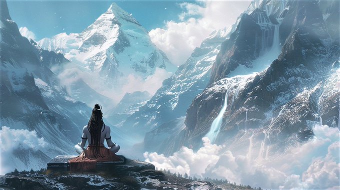 A person with long dark hair sits in a meditative pose on a rocky ledge, gazing out at a vast, snow-capped mountain range with waterfalls cascading down the cliffs.
