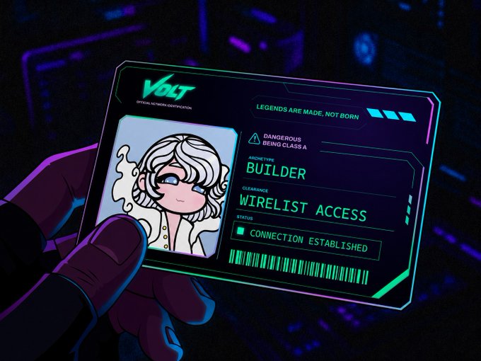 A cyberpunk-style illustration of a hand holding an ID card labeled "VOLT Official Network Identification" for an archetype named "BUILDER" with clearance for "WIRELIST ACCESS" and status "CONNECTION ESTABLISHED".