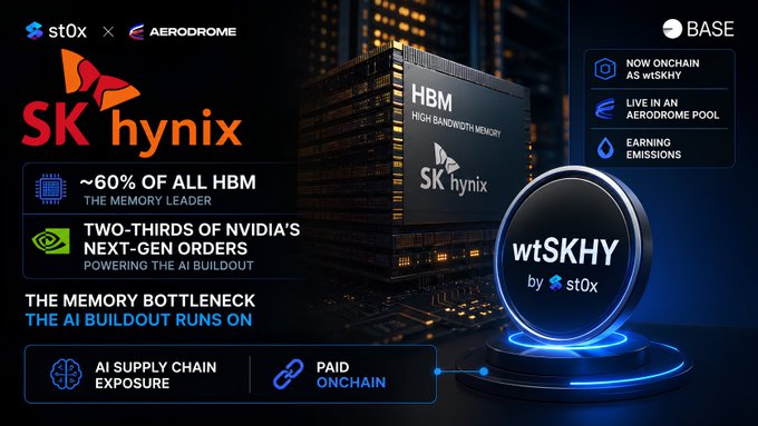 A promotional graphic for "wtSKHY by st0x" in partnership with Aerodrome on Base, highlighting SK hynix HBM's role as "~60% OF ALL HBM" and "TWO-THIRDS OF NVIDIA'S NEXT-GEN ORDERS".