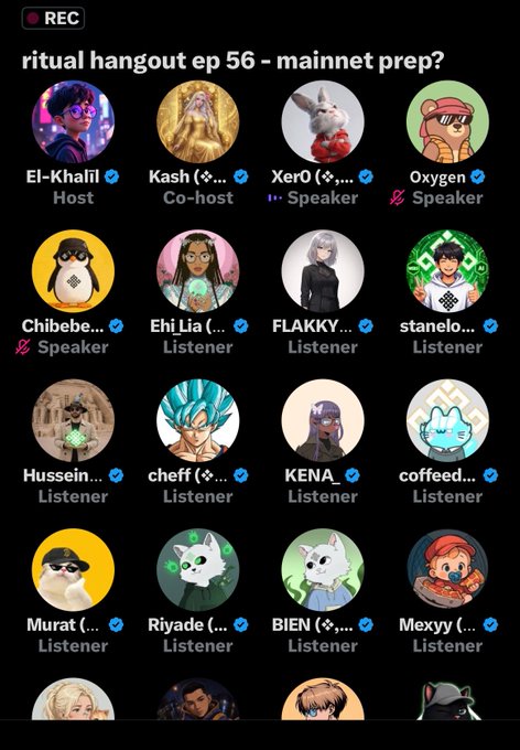 A Twitter Spaces recording interface titled 'ritual hangout ep 56 - mainnet prep?' showing participants including El-Khalif (Host), Kash (Co-host), and XerO, Oxygen, and Chibebe as Speakers, with various listeners.