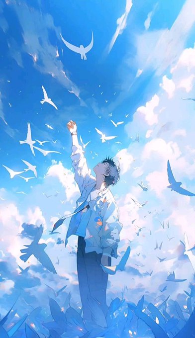An anime-style illustration of a boy in a white shirt reaching up toward a bright blue sky filled with white birds.