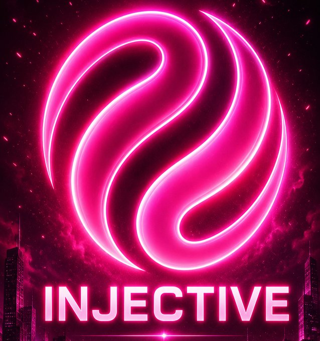 Vibrant neon pink Injective (INJ) logo graphic with a stylized swirling emblem against a dark cityscape background.
