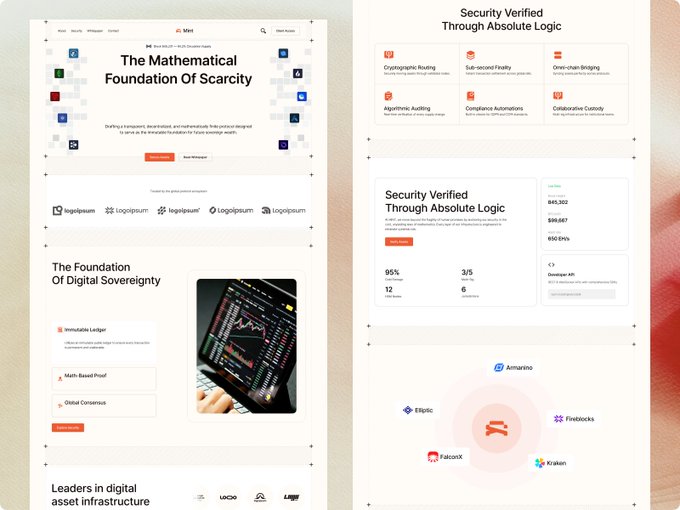 A webpage mockup displaying 'The Mathematical Foundation Of Scarcity' and 'Security Verified Through Absolute Logic' featuring crypto/tech company logos including Solana, Binance, Fireblocks, FalconX, and Kraken.
