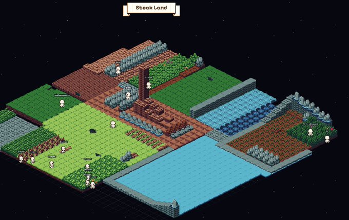The image features a 3D rendering of a map of Steak Land, which appears to be an open-world game with various elements such as buildings, water bodies, and other objects. The map is set against a dark background, giving it a sense of depth and realism. The caption above the image reads "Business is booming in Steak Land. If you haven'T checked @WorldsOnSol out yet, then please do. I genuinely don'T want to see y'allskinned on this one." This message seems to be related to the game's theme or a promotional post for the game.