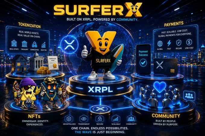 A promotional graphic for SURFERX features a cartoon yellow 'X' mascot holding a surfboard, surrounded by sections highlighting 'TOKENIZATION', 'PAYMENTS', 'NFTs', and 'COMMUNITY' features built on the XRPL blockchain with the tagline 'ONE CHAIN. ENDLESS POSSIBILITIES. THE WAVE IS JUST BEGINNING.'