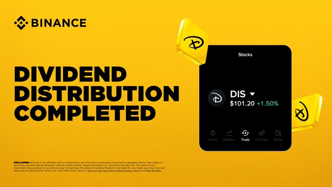 A Binance promotional graphic on a yellow background announcing "DIVIDEND DISTRIBUTION COMPLETED," featuring a mobile app screenshot showing DIS (Walt Disney Co.) stock at $101.20 (+1.50%), visually reinforcing the post's announcement that $0.75 USD-per-share dividends have been distributed in USDC to holders' Funding Wallets.