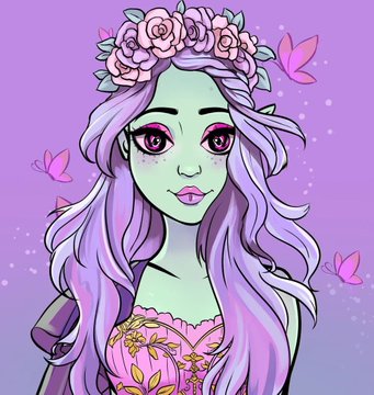 An illustrated portrait of a green-skinned female character with long purple hair, pink eyes, and a flower crown, surrounded by pink butterflies.
