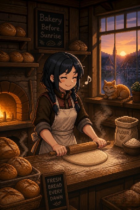 A cozy pixel-art scene shows a smiling baker with dark braids rolling dough at dawn, with a ginger cat resting on the windowsill against a sunrise village view. Chalkboard signs read "Bakery Before Sunrise" and "Fresh Bread Every Dawn," capturing the peaceful, sleepy vibe of the "lategm" post about greeting someone late at night.