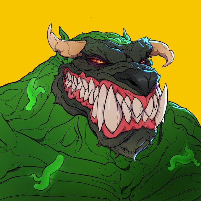 A digital illustration of a fierce, green, monstrous creature with a black snout, glowing orange eyes, and a wide, menacing grin filled with sharp, jagged teeth.