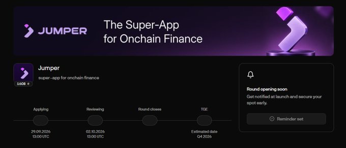 A promotional page for 'JUMPER - The Super-App for Onchain Finance' showing a timeline with dates '29.09.2026', '02.10.2026', and 'Estimated date Q4 2026', plus a 'Round opening soon' notification with 'Reminder set' button.