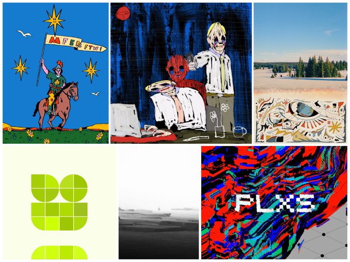 A collage of six artwork previews featuring varied styles—from a whimsical illustration of a horseback rider and a cartoonish office scene to a pastoral landscape with an ornate skull border, a geometric green design, a grayscale atmospheric image, and a vibrant marbled piece with the text "FLW3"—showcasing the diverse upcoming art releases highlighted in the post.