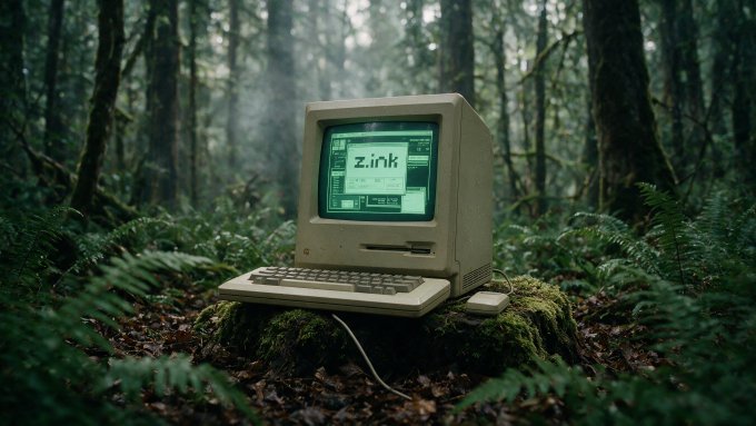 An old Macintosh-style computer sitting on a mossy rock in a misty forest, with the word 'zink' displayed in green text on its screen.