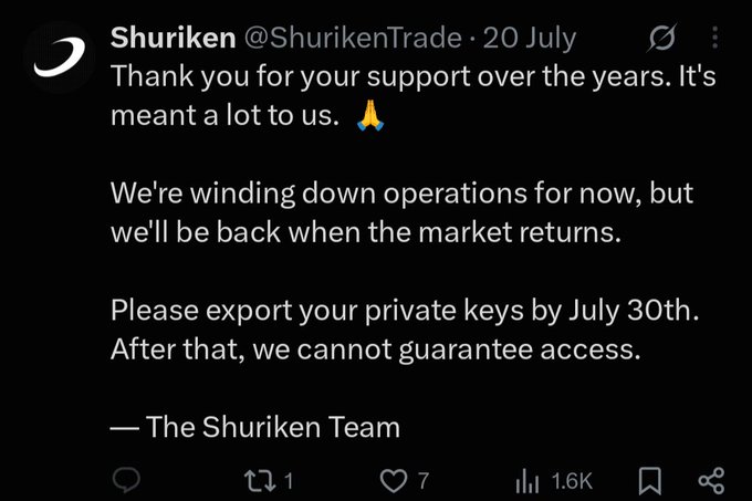 The image shows a tweet from Shuriken (@ShurikenTrade) dated July 20th announcing they are winding down operations and urging users to export their private keys by July 30th to avoid losing access. This relates to the "craziest airdrop announcement" because Shuriken is essentially telling users to self-custody their crypto wallets as they shut down—a dramatic exit message that doubles as an airdrop of access to funds.
