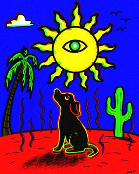 A black dog howls at a stylized, eye-bearing sun in a vibrant desert scene featuring a palm tree and cactus against a deep blue sky, accompanied by the note "Some work on Tezos." The colorful, hand-drawn aesthetic and bold neon outlines suggest it is digital artwork created on the Tezos blockchain platform.