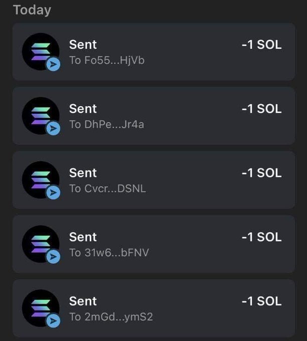 A cryptocurrency wallet transaction history shows five consecutive "Sent" transfers of "-1 SOL" each to various recipient addresses (Fo55...HjVb, DhPe...Jr4a, Cvcr...DSNL, 31w6...bFNV, and 2mGd...ymS2) under the heading "Today," illustrating what appears to be evidence of an airdrop giveaway where 1 SOL is being distributed to participants.