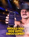 A man wearing a hat and mustache takes a selfie holding up a phone that displays a chat conversation, with text below reading 'WOULD YOU RIDE WITH DIEGO LOPEZ?!'