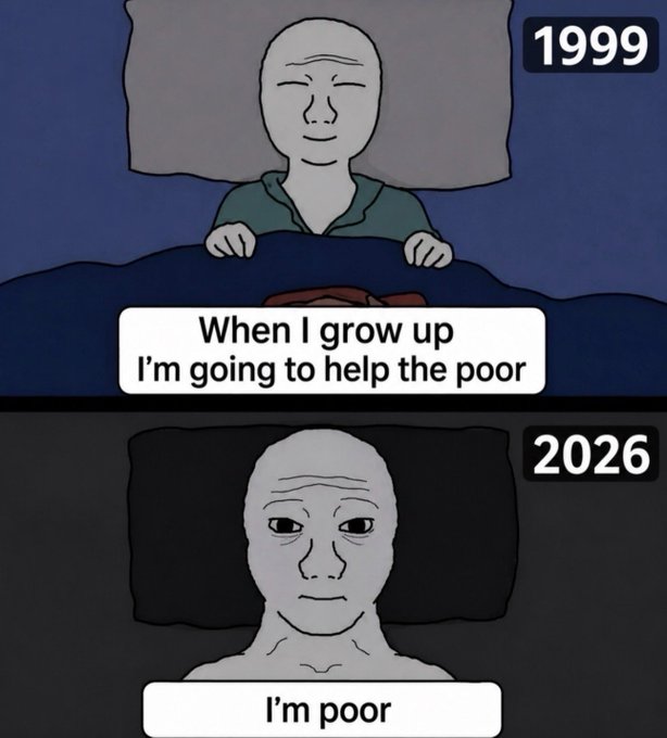 A two-panel Wojak meme showing a child in 1999 saying 'When I grow up I'm going to help the poor' and an exhausted-looking adult saying 'I'm poor' in 2026.