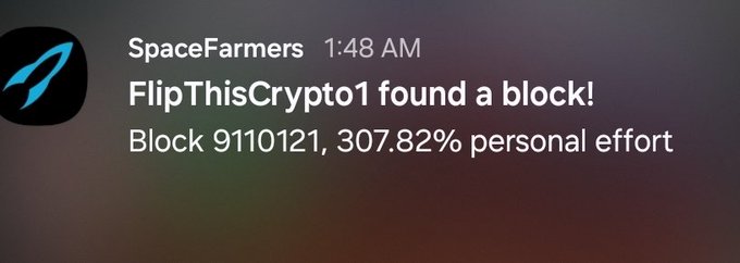 A Discord-style notification from SpaceFarmers stating 'FlipThisCrypto1 found a block! Block 9110121, 307.82% personal effort.'