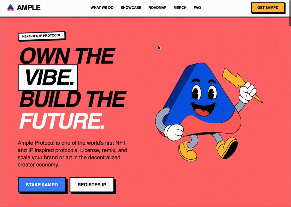 The image shows a website for an online platform called "Ample Protocol". The website features a cartoon character that represents the company's name, with a blue triangle holding a lightning bolt symbolizing their innovative approach to networking and collaboration. The website also includes information about the company's purpose, how it works, and its plans for future growth.