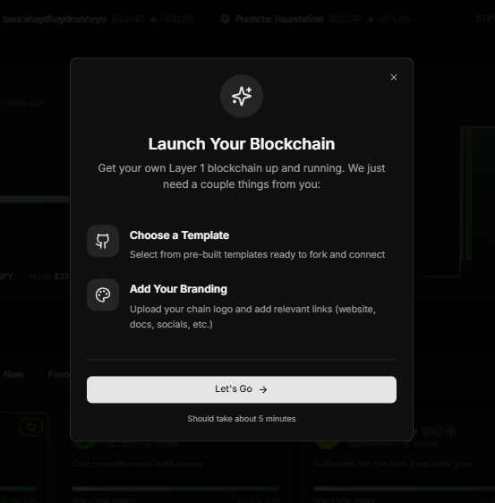 A 'Launch Your Blockchain' dialog box overlaid on a pump.fun-style interface prompts users to choose a template and add branding, with a 'Let's Go' button and a note that it should take about 5 minutes.