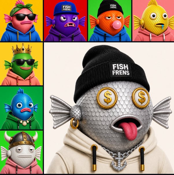 A collage of colorful anthropomorphic fish characters wearing hoodies and beanies, with several labeled 'FISH FRENS' and a central silver fish character also wearing a 'FISH FRENS' beanie with dollar sign eyes.