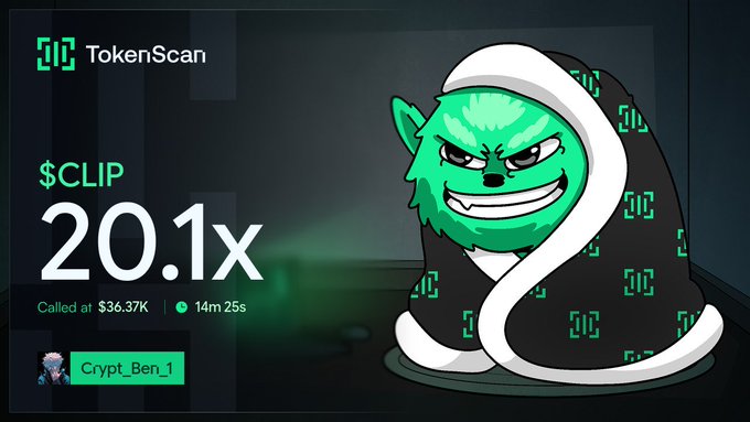A digital graphic showing a green Grinch-like character in a black hoodie alongside TokenScan data indicating the '$CLIP' token reached '20.1x' and was 'Called at $36.37K' by user 'Crypt_Ben_1'.