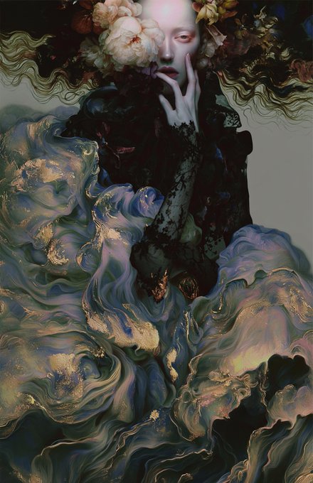 A dark, surreal digital artwork featuring a pale figure with closed eyes surrounded by flowers on the head, dressed in black lace, with swirling, iridescent purple and gold abstract forms billowing around them.