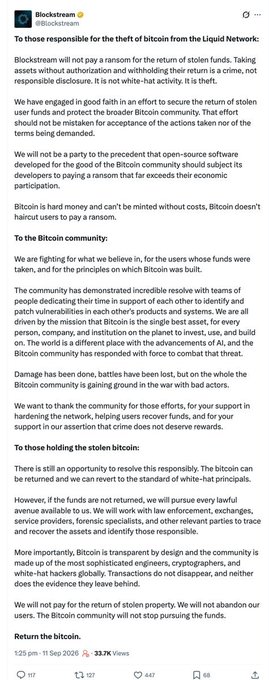 A X (Twitter) post from Blockstream (@Blockstream) titled "To those responsible for the theft of bitcoin from the Liquid Network," refusing to pay a ransom and stating "We will not pay for the return of stolen property."