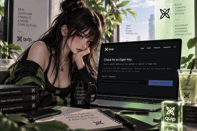 An anime-style promotional image for 'quip' featuring a woman resting her head on her hand next to a laptop displaying 'Check for an Eigen Key' with text about 'REAL QUANTUM COMPUTE' and 'A MORE OPEN FUTURE'.