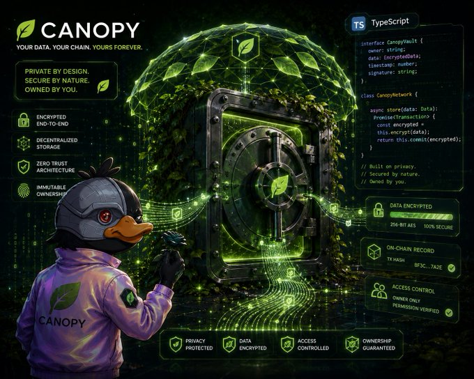 A promotional graphic for 'CANOPY' featuring a duck-masked character with a vault, highlighting encrypted end-to-end, decentralized storage, zero trust architecture, and TypeScript code.