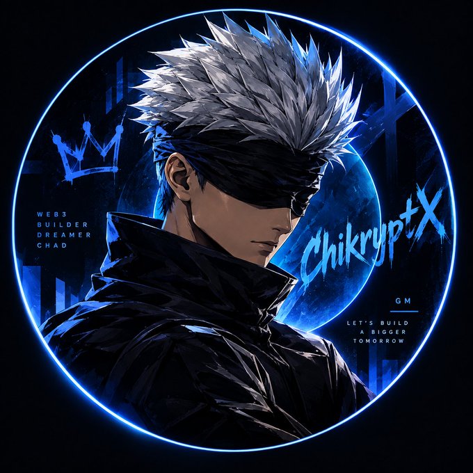 An anime-style illustration of a character with spiky silver hair and a black blindfold, labeled 'ChikryptX' with the tagline 'WEBS BUILDER DREAMER CHAD' and 'GM - LET'S BUILD A BIGGER TOMORROW'.