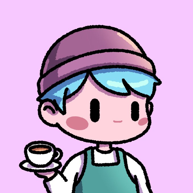 A cute cartoon character with blue hair, a purple beanie, rosy cheeks, and a green apron holding a cup of tea against a light purple background.