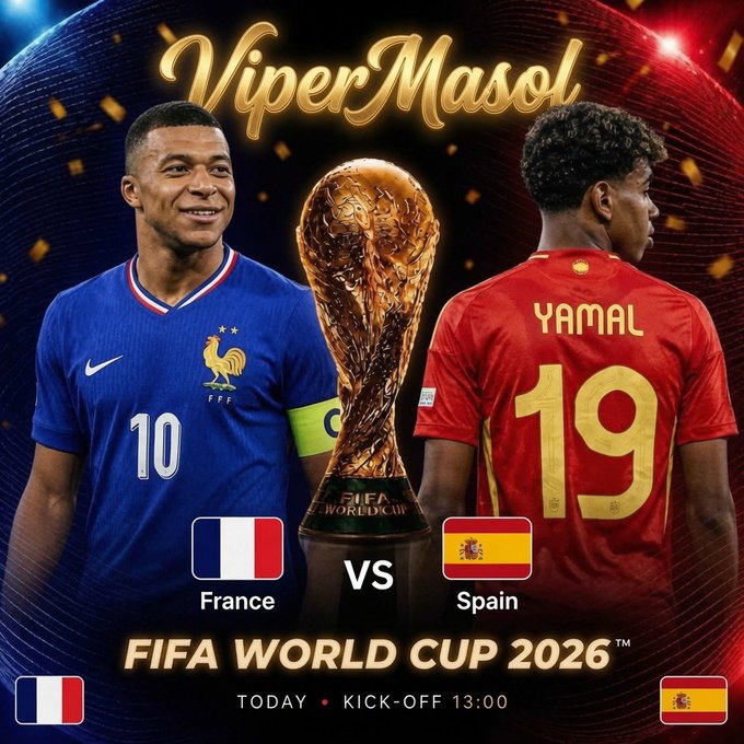 A promotional graphic for a FIFA World Cup 2026 match between France (Mbappé, #10) and Spain (Yamal, #19), with 'ViperMasol' branding and kick-off at 13:00.